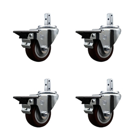 Service Caster 3'' Maroon Poly Wheel Swivel 3/4'' Square Stem Caster Set with Brake, 4PK SCC-SQ20S314-PPUB-MRN-PLB-34-4